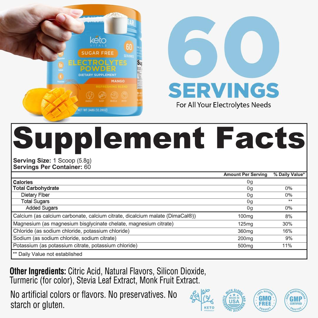 Keto Vitals Electrolyte Powder Mango Flavor 60 Servings Zero Carbs Zero Calories Dietary Supplement