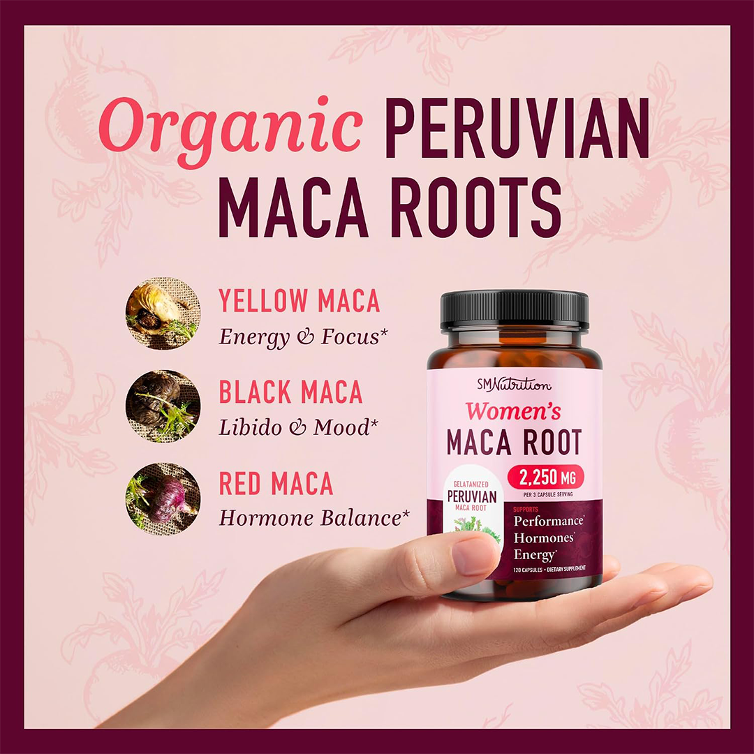 SM Nutrition Women's Maca Root Capsules 2250mg Peruvian Gelatinized Maca Root 120 Capsules