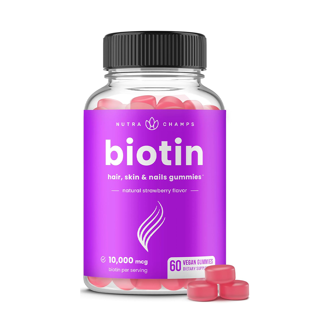 NutraChamps Biotin Gummies 10,000mcg for Hair Skin & Nails Natural Strawberry Flavor Vegan 60 Gummies