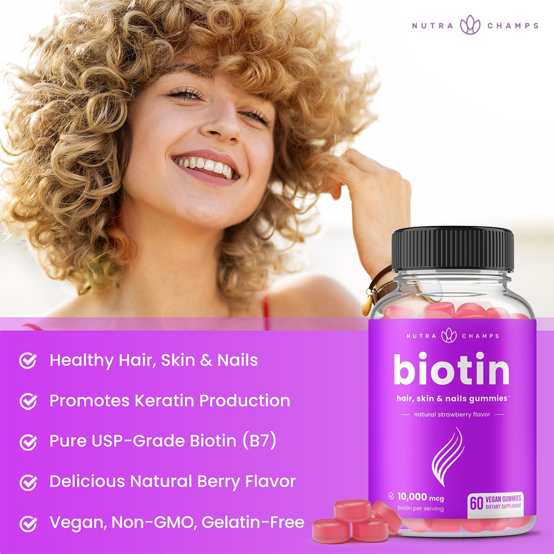 NutraChamps Biotin Gummies 10,000mcg for Hair Skin & Nails Natural Strawberry Flavor Vegan 60 Gummies