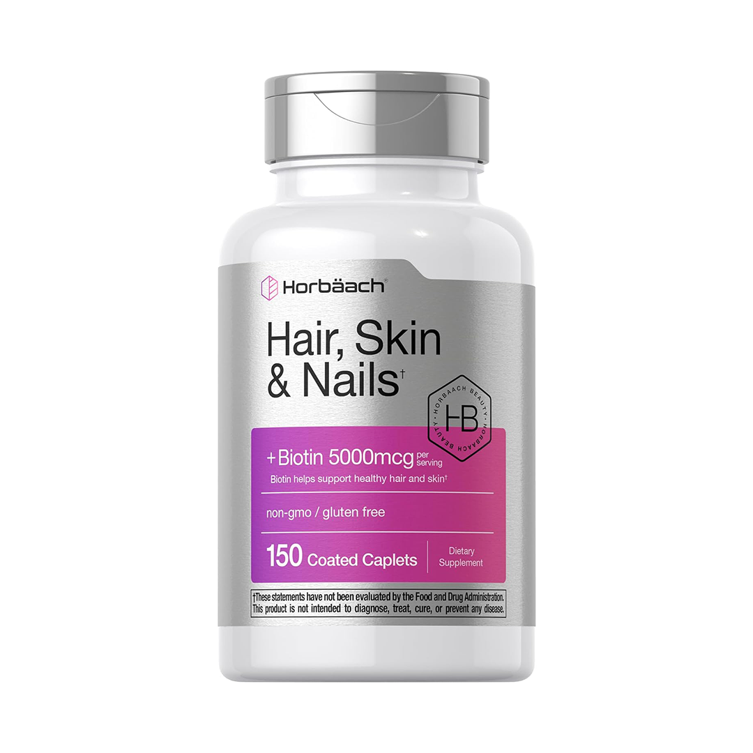 Horbaach Hair Skin & Nails Vitamins with Biotin 5000mcg Non-GMO Gluten Free 150 Coated Caplets