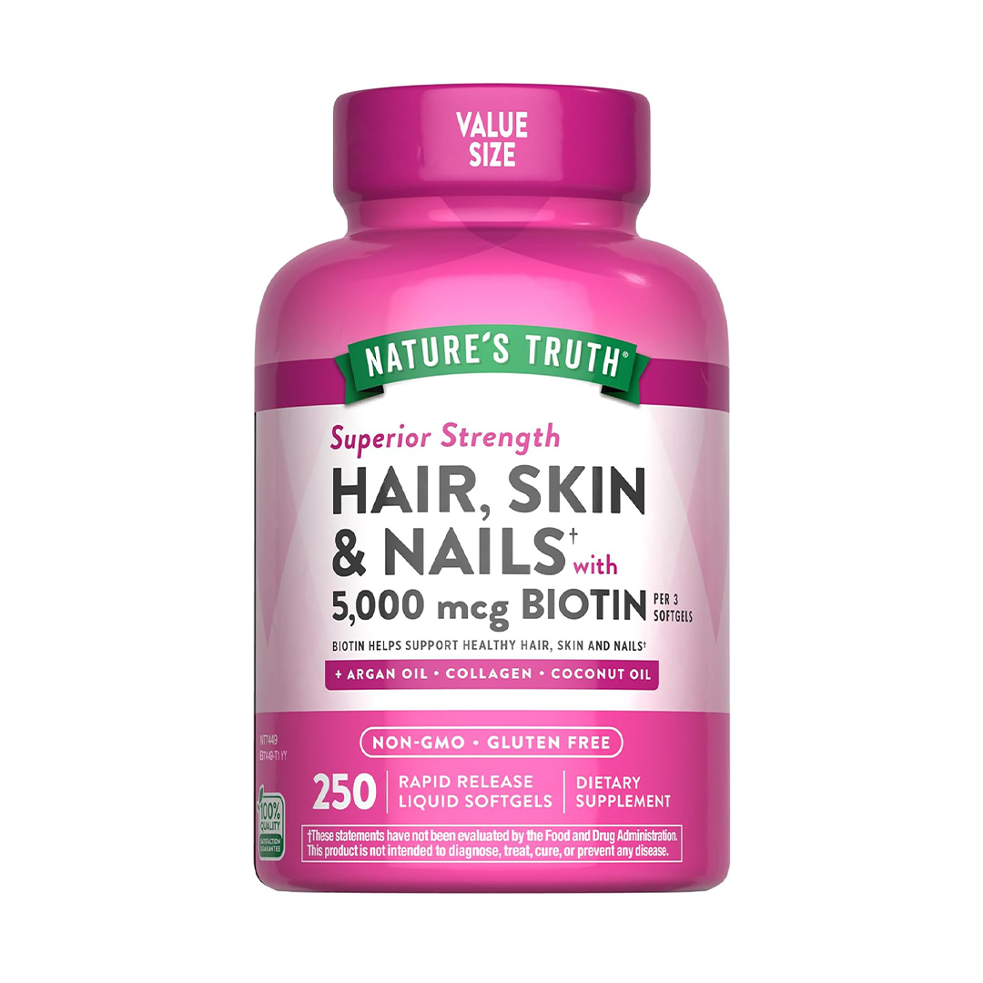 Nature's Truth Hair Skin & Nails 5000mcg Biotin Softgels with Argan Oil Collagen & Coconut Oil 250 Count