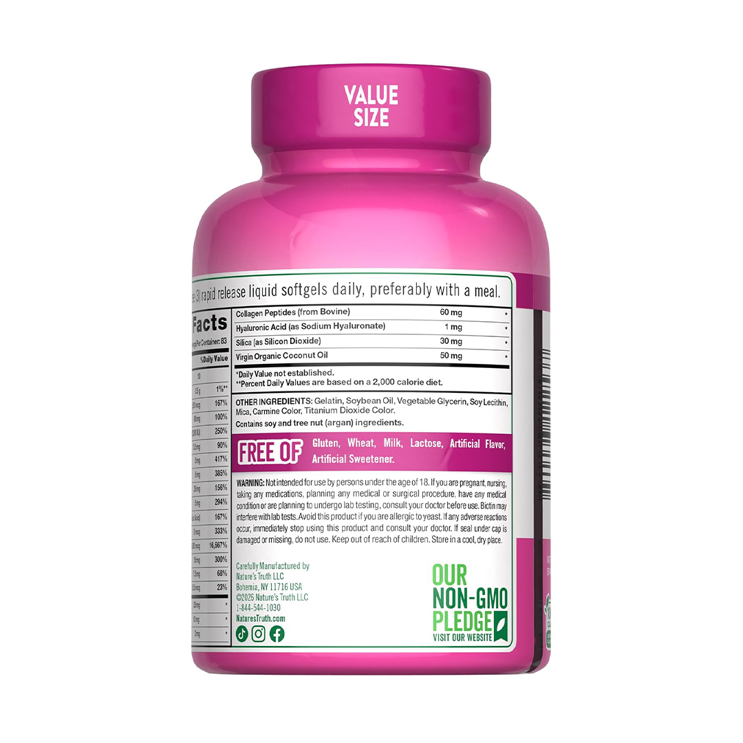 Nature's Truth Hair Skin & Nails 5000mcg Biotin Softgels with Argan Oil Collagen & Coconut Oil 250 Count