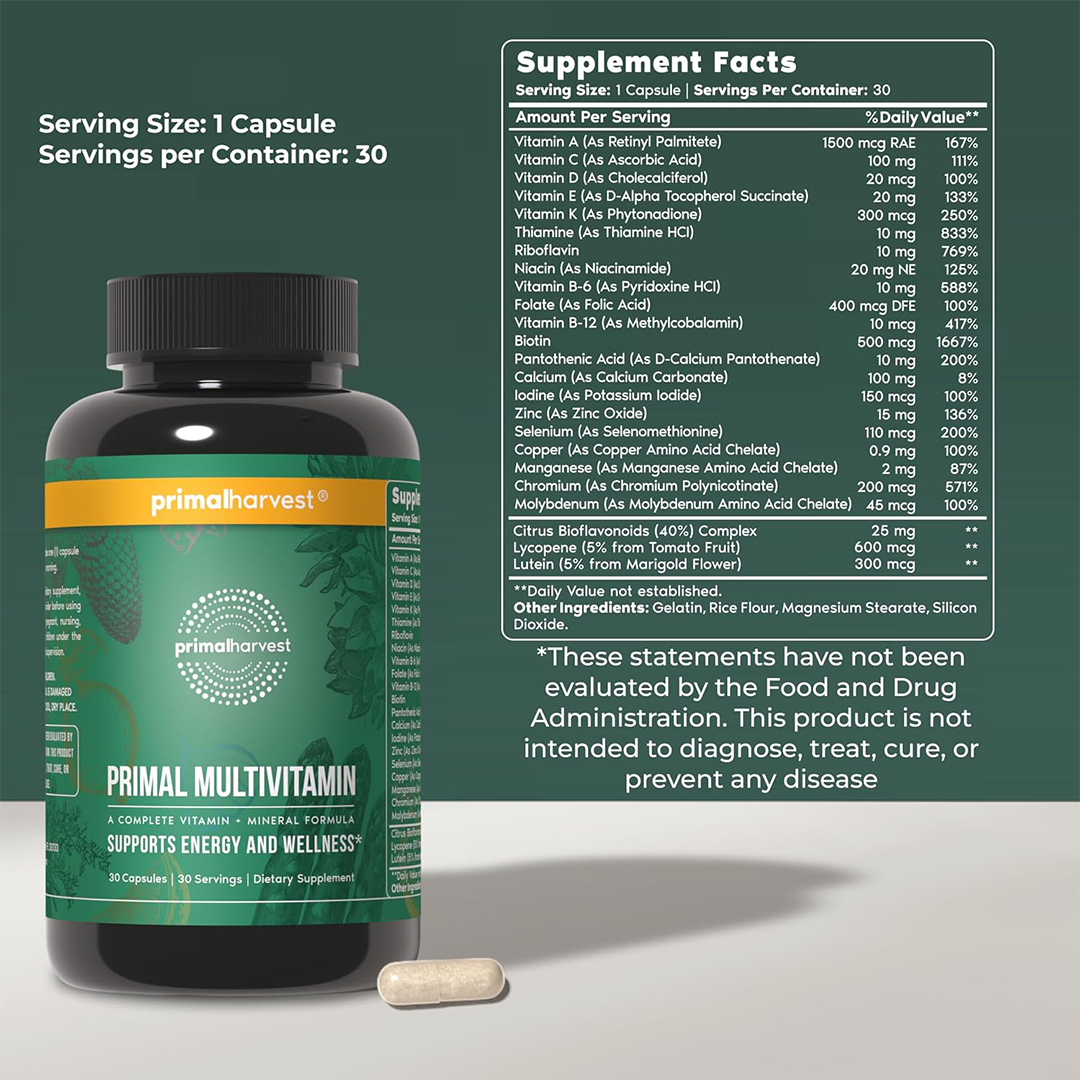 Primal Harvest Daily Multivitamin 21 Vitamins & Minerals Complete Daily Supplement 30 Capsules