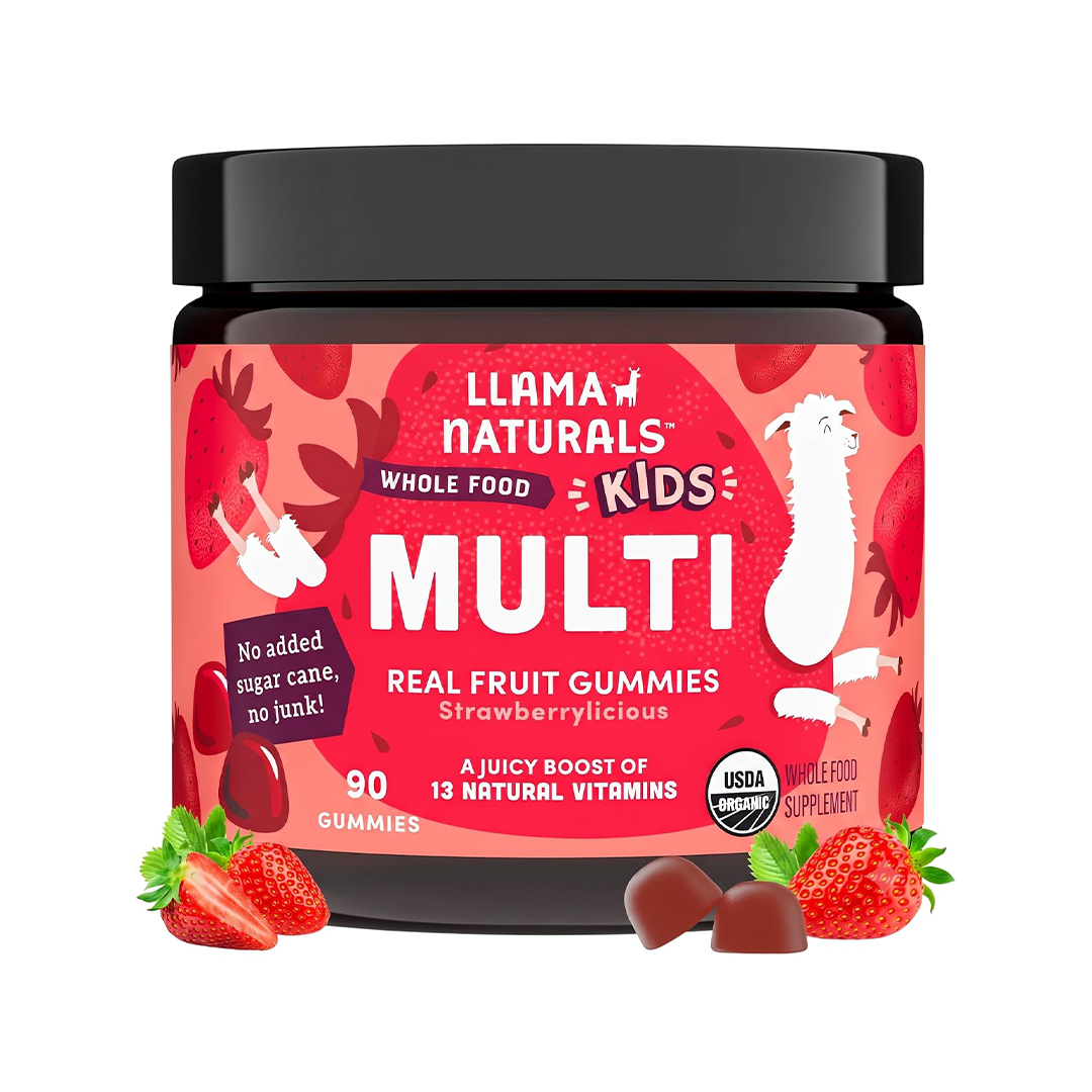 Llama Naturals Kids Multivitamin Gummies Organic Real Fruit Strawberry 13 Vitamins No Added Sugar 90 Gummies