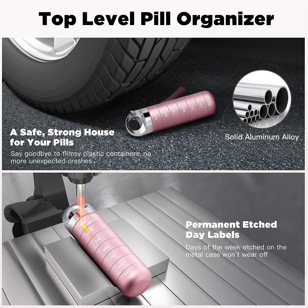 Zannaki Metal Travel Pill Organizer – Waterproof Weekly Pill Box (7-Day)