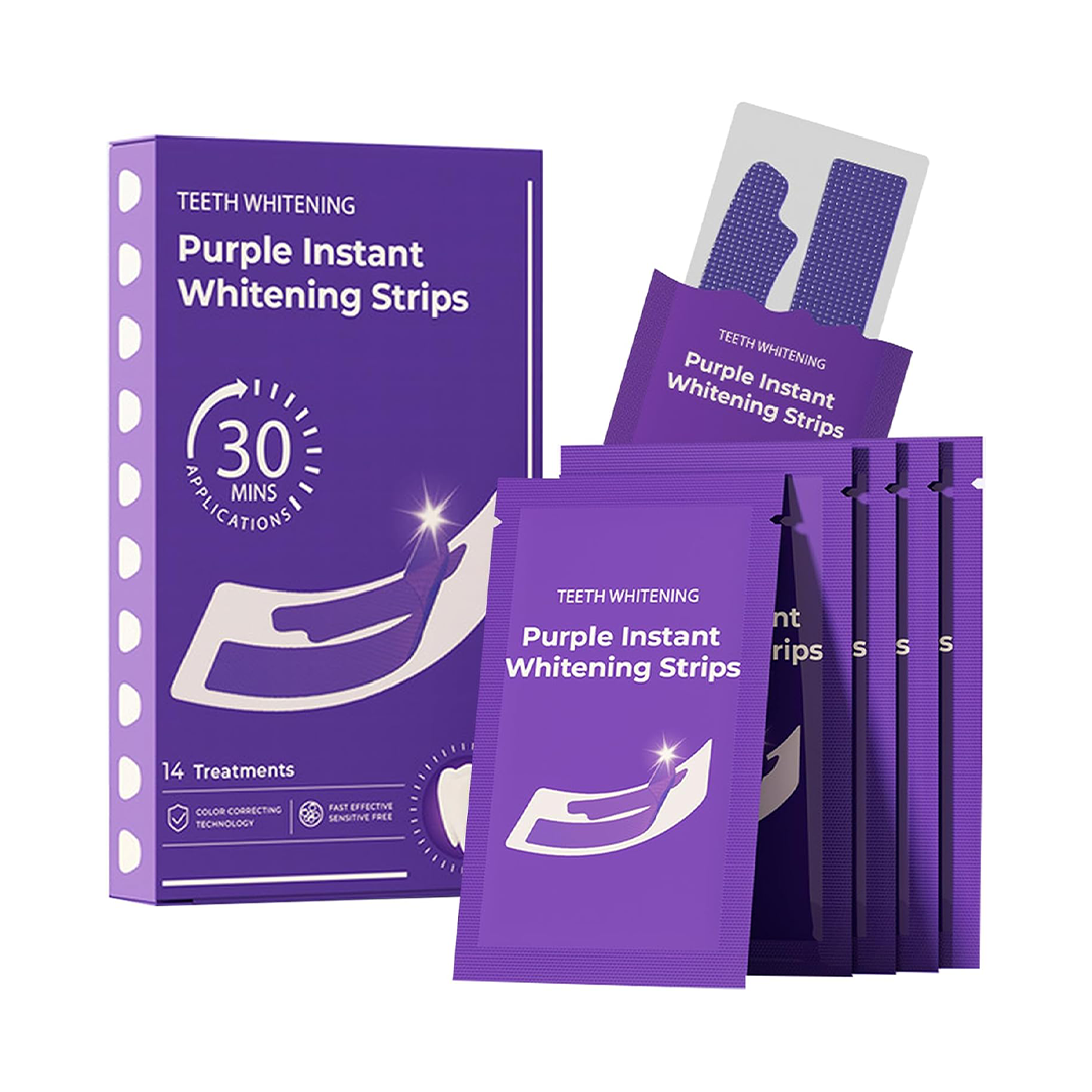Purple Teeth Whitening Strips for Sensitive Teeth Enamel Safe Mint Whitening Strips with Non Slip Dry Strip Technology 28 Strips 14 Treatments