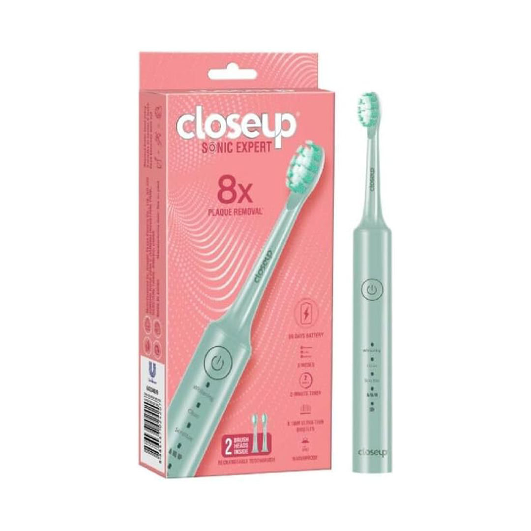 Closeup Sonic Expert Rechargeable Electric Toothbrush with Three Cleaning Modes Two Brush Heads Waterproof Design and Sixty Day Battery Green