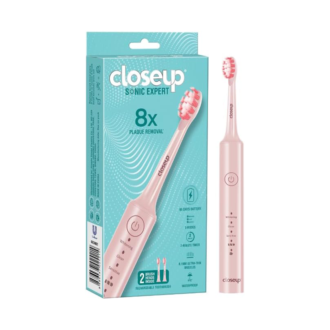 Closeup Sonic Expert Rechargeable Electric Toothbrush with Three Cleaning Modes Two Brush Heads Waterproof Design and Sixty Day Battery Pink