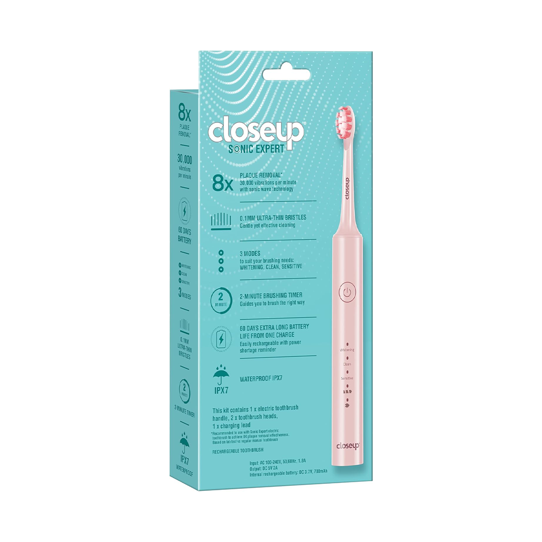 Closeup Sonic Expert Rechargeable Electric Toothbrush with Three Cleaning Modes Two Brush Heads Waterproof Design and Sixty Day Battery Pink