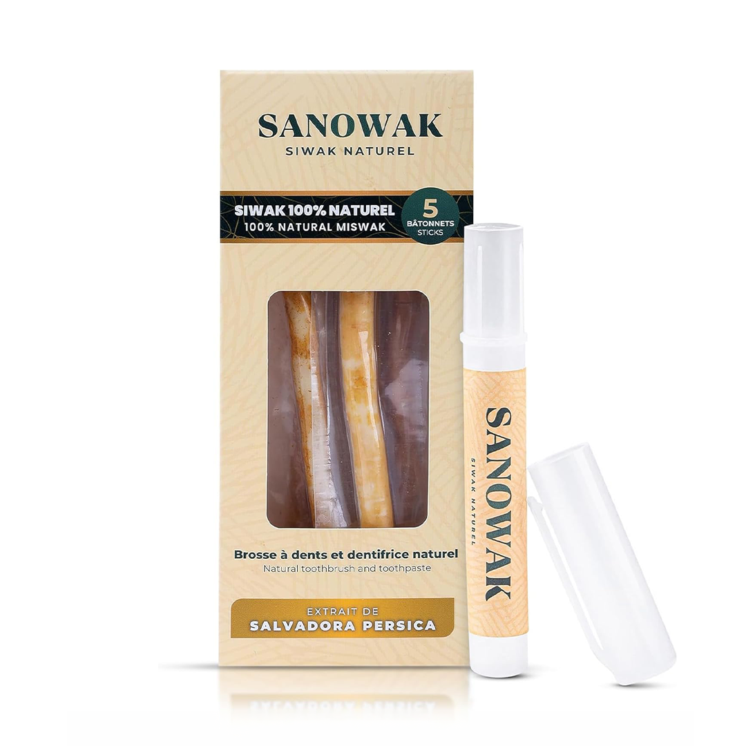 Sanowak Natural Miswak Sticks for Teeth Cleaning and Daily Oral Care with Protective Holder Five Pack