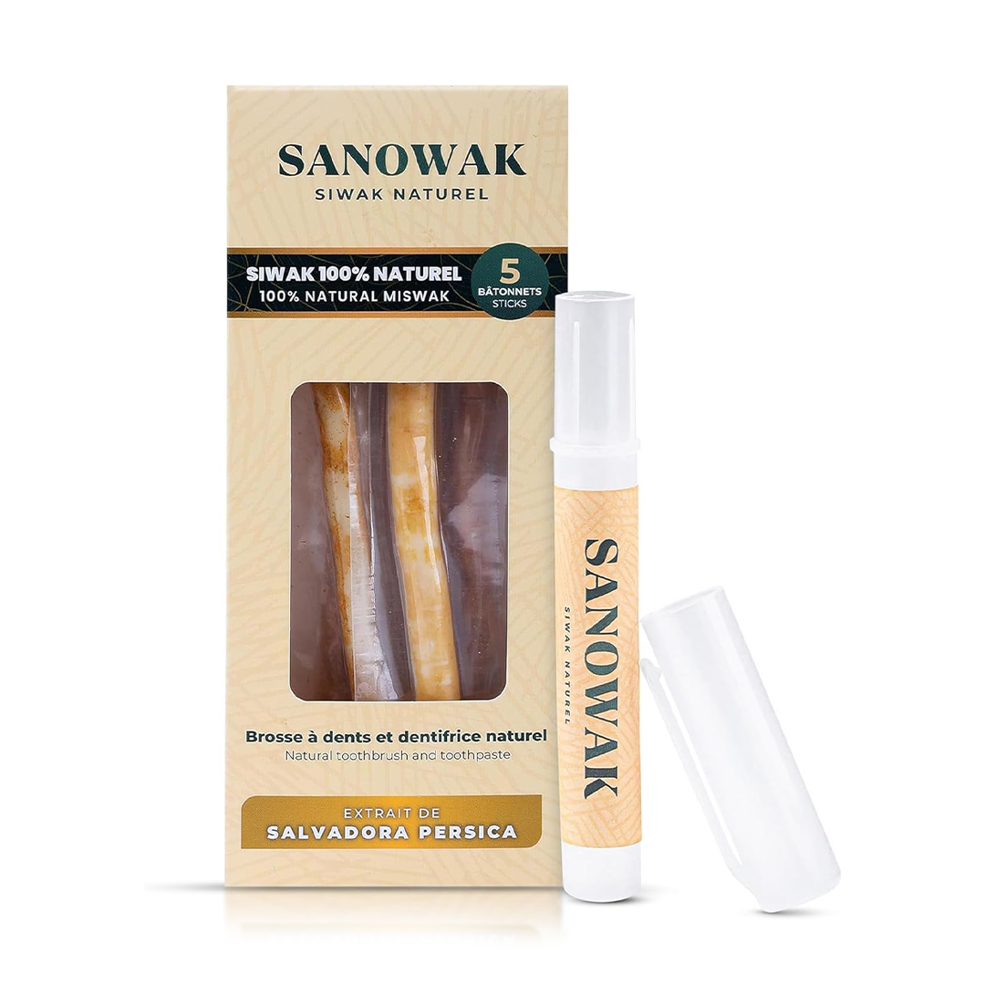Sanowak Natural Miswak Sticks for Teeth Cleaning and Daily Oral Care with Protective Holder Five Pack