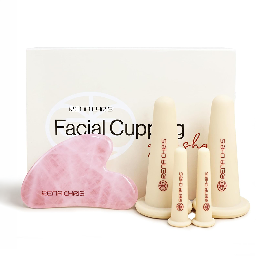 Rena Chris Facial Cupping Set with Rose Quartz Gua Sha and Silicone Cups for Face Massage Sculpting and Puffiness Care