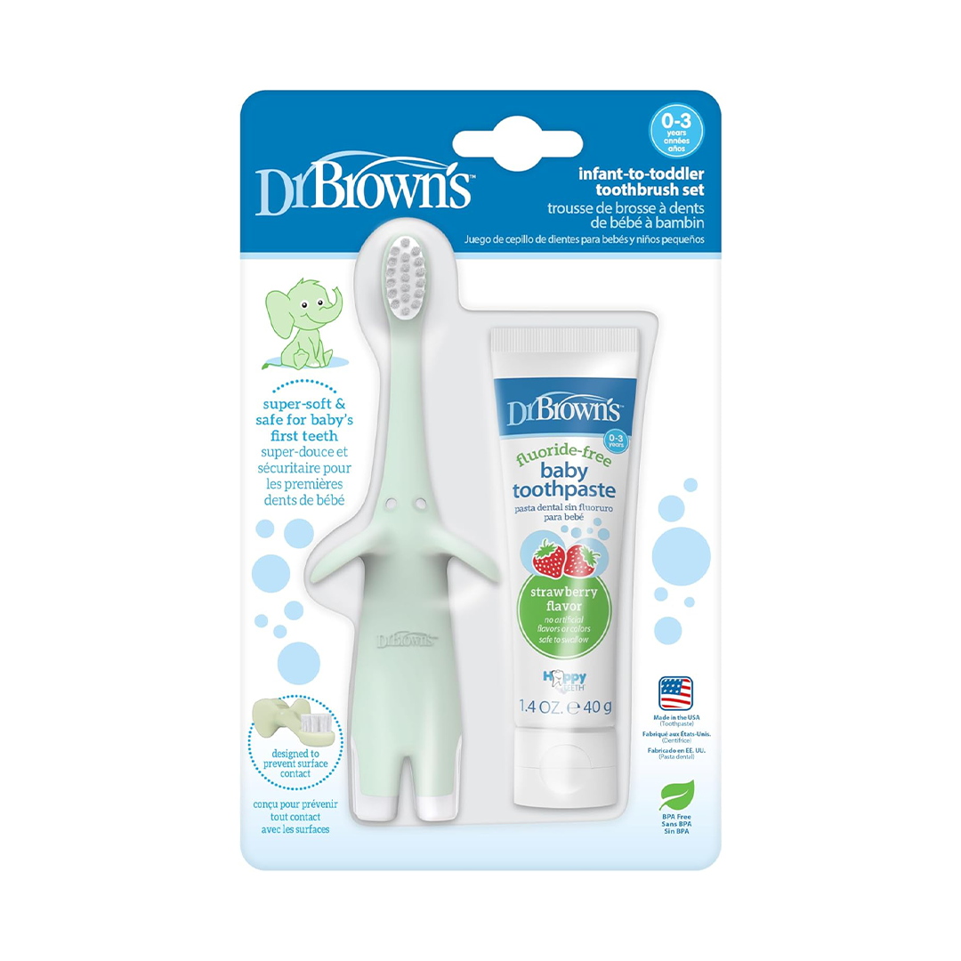 Dr. Brown's Infant-to-Toddler Training Toothbrush Set – Mint Elephant with Fluoride-Free Strawberry Baby Toothpaste (0–3 Years)