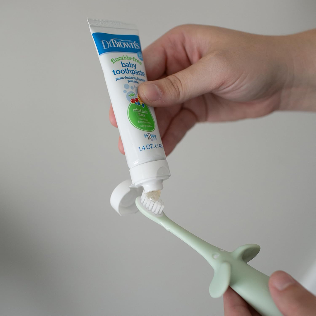 Dr. Brown's Infant-to-Toddler Training Toothbrush Set – Mint Elephant with Fluoride-Free Strawberry Baby Toothpaste (0–3 Years)