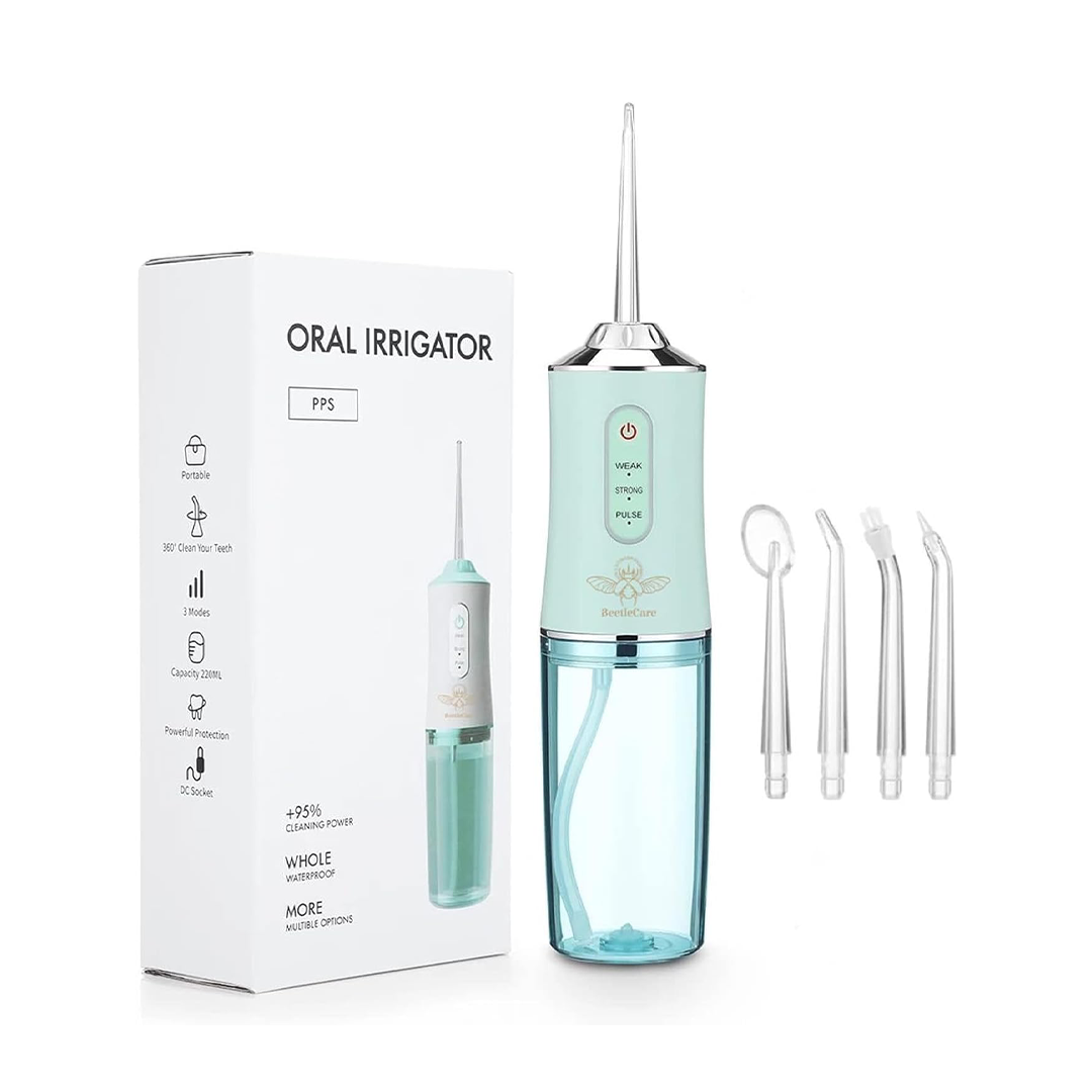 BeetleCare Cordless Water Flosser Oral Irrigator with 4 Nozzle Tips and 3 Water Pressure Modes for Teeth and Gum Cleaning