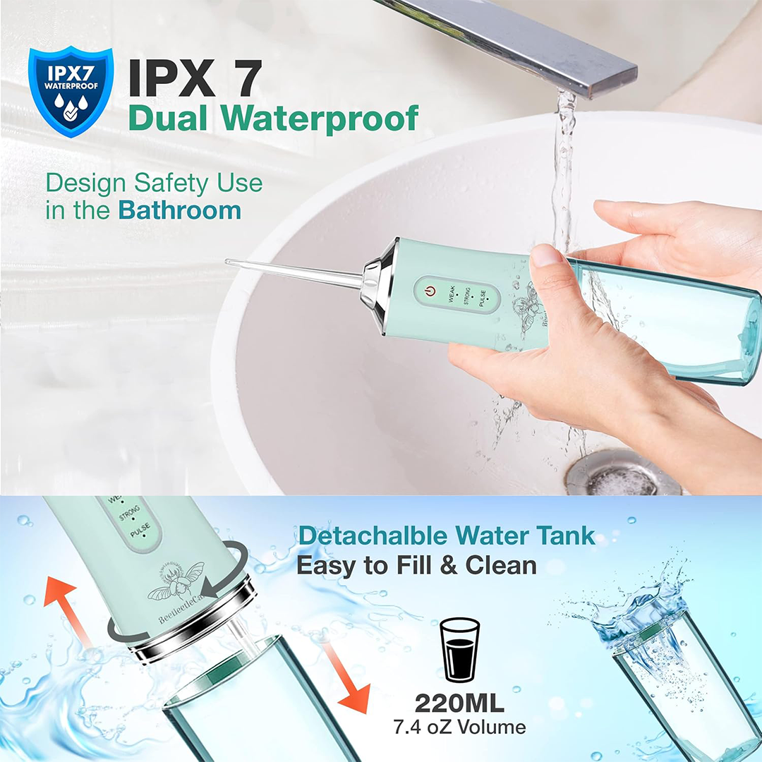 BeetleCare Cordless Water Flosser Oral Irrigator with 4 Nozzle Tips and 3 Water Pressure Modes for Teeth and Gum Cleaning