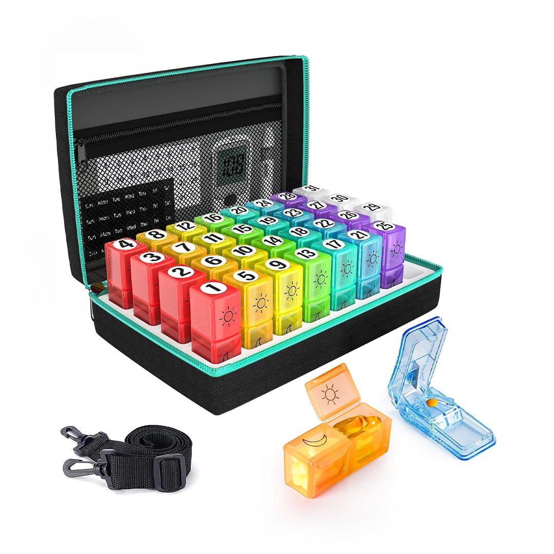 Yaklim Monthly Pill Box Organiser AM PM Large Capacity Travel Medicine Case with Pill Cutter Shoulder Strap and Mesh Pocket