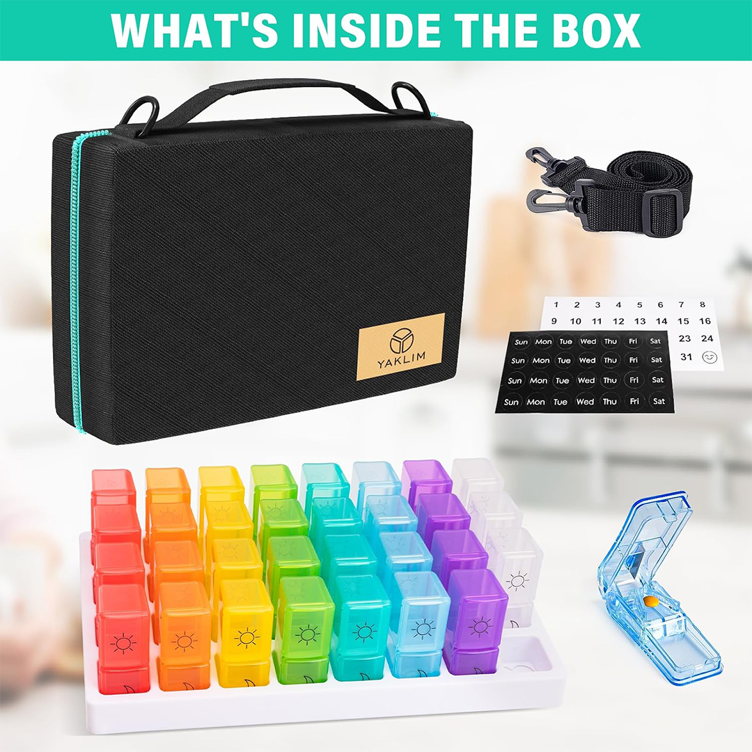 Yaklim Monthly Pill Box Organiser AM PM Large Capacity Travel Medicine Case with Pill Cutter Shoulder Strap and Mesh Pocket