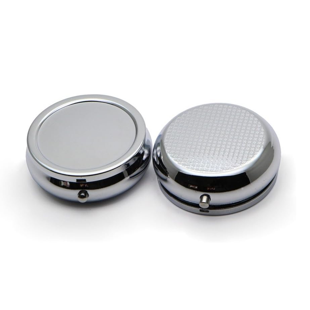 Round Metal Pill Box 2 Pack Portable Mini Silver Medicine Case with 3 Compartments for Travel Outdoor and Daily Use