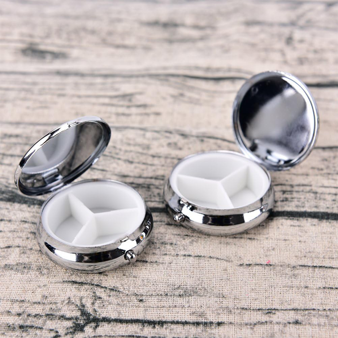 Round Metal Pill Box 2 Pack Portable Mini Silver Medicine Case with 3 Compartments for Travel Outdoor and Daily Use