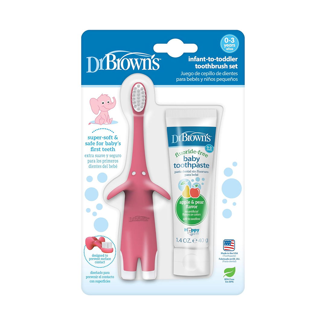 Dr Brown's Infant to Toddler Toothbrush Set Pink Baby Toothbrush with Fluoride Free Toothpaste Apple Pear Flavor 1 4oz