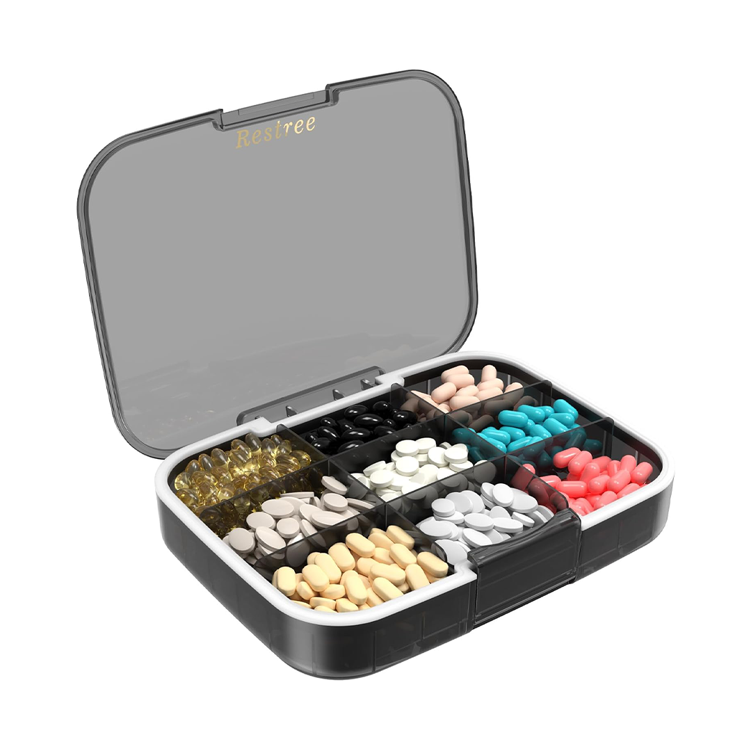 Restree Large Pill Organizer Waterproof 9 Compartments Medicine Storage Box Black