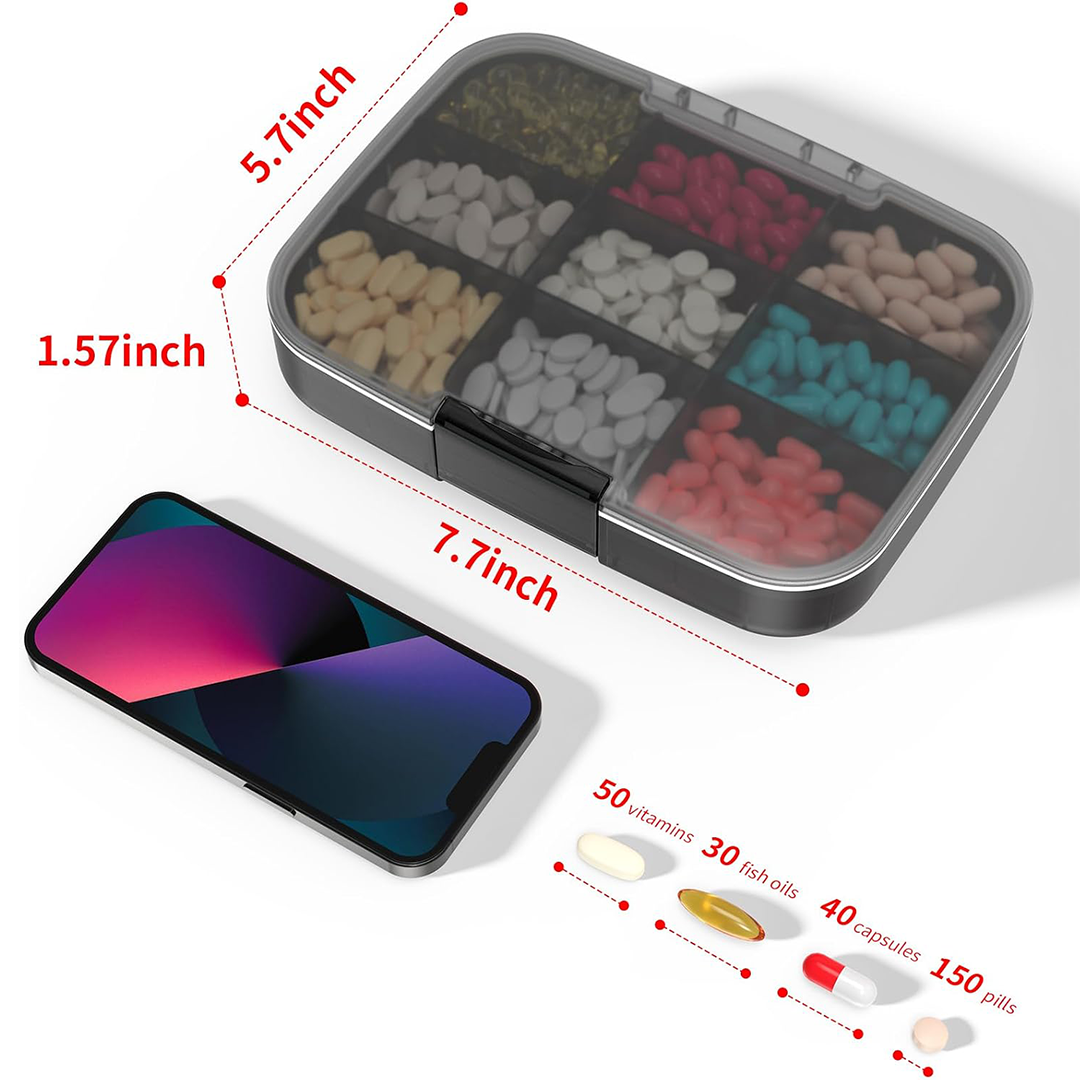 Restree Large Pill Organizer Waterproof 9 Compartments Medicine Storage Box Black