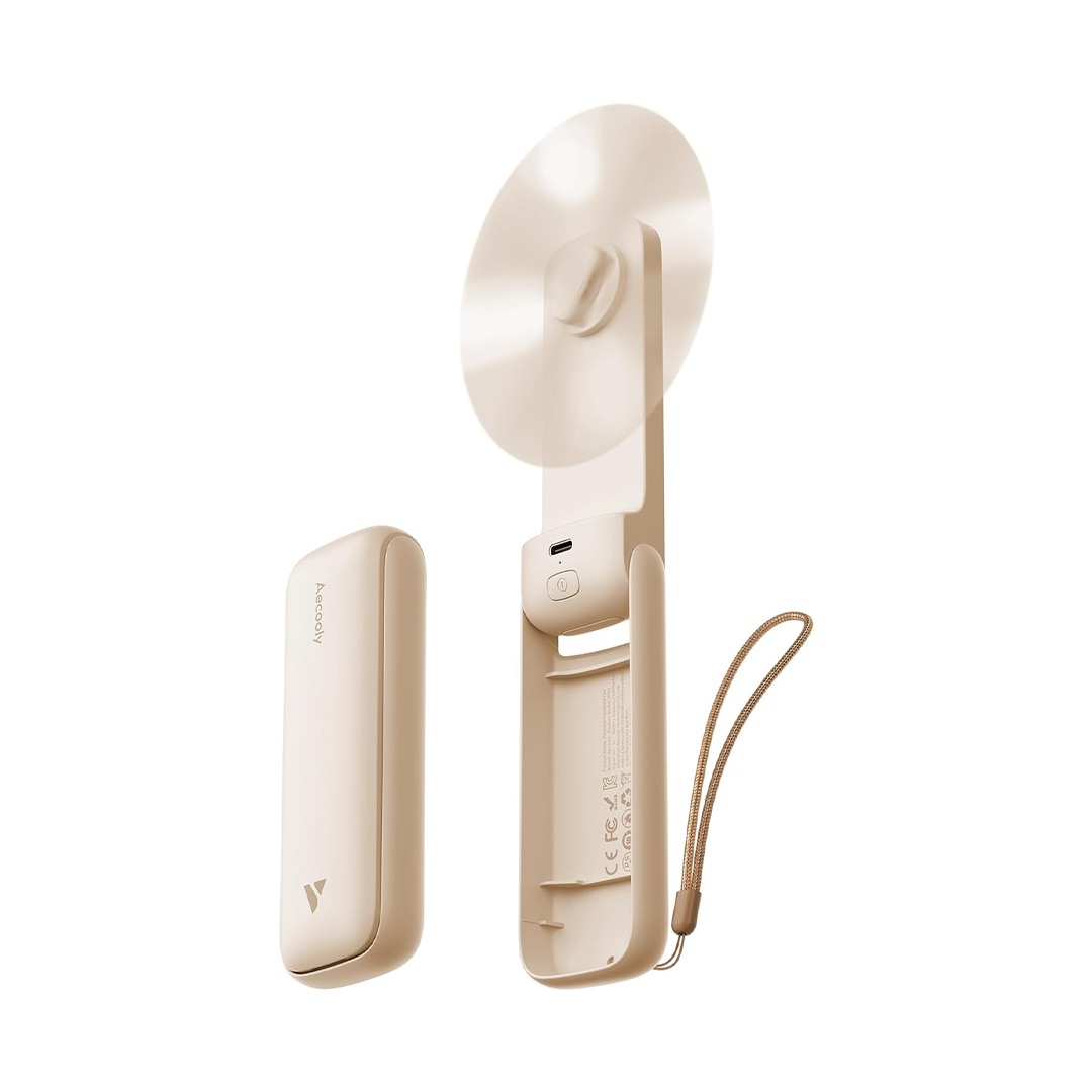 Aecooly Slim Rechargeable Portable Handheld Fan with Foldable Design Beige