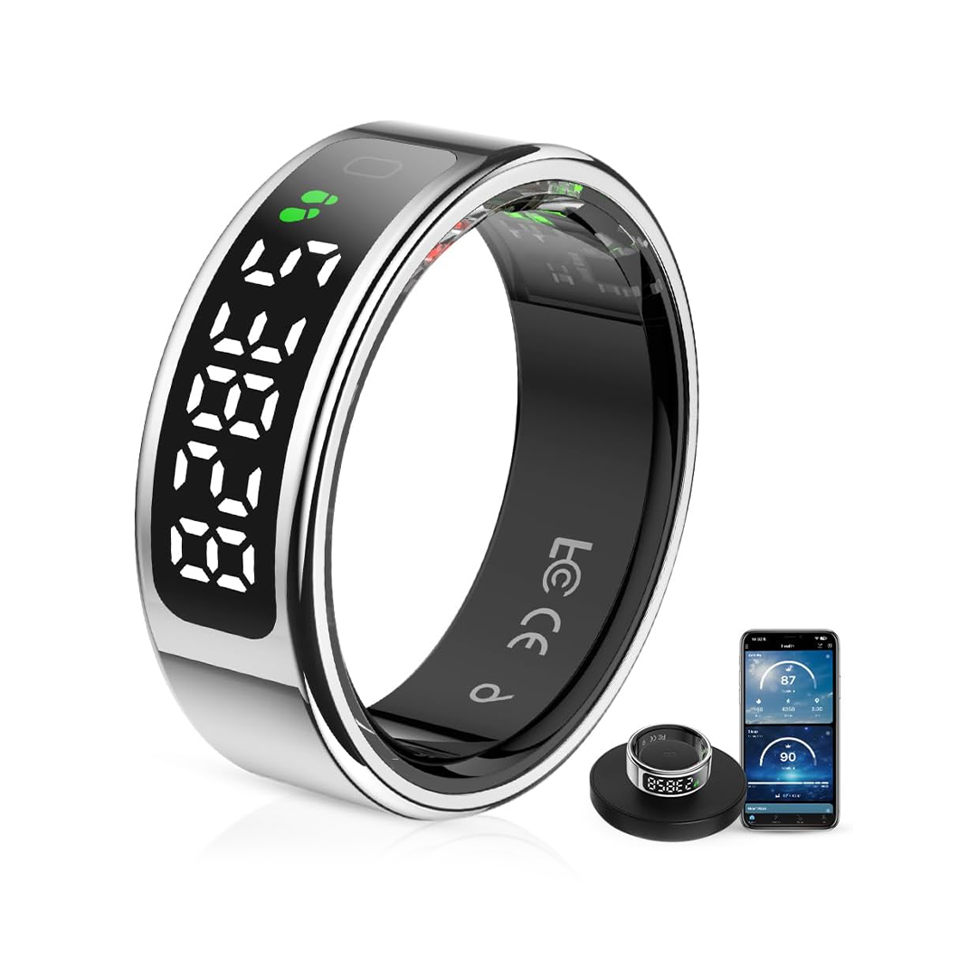 LCD Display Smart Ring Sleep Tracker Heart Rate Monitor Touch Control Silver Size 9