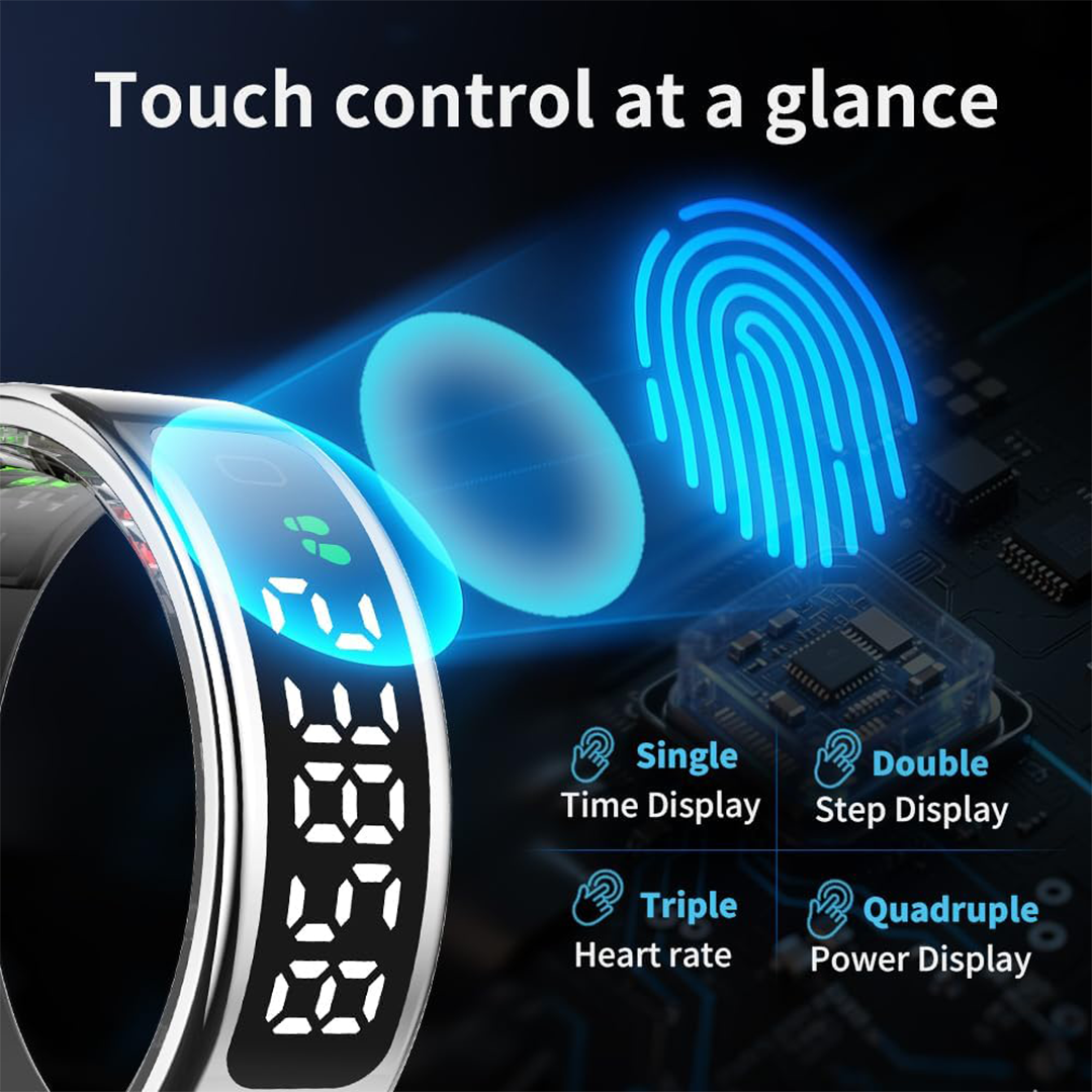 LCD Display Smart Ring Sleep Tracker Heart Rate Monitor Touch Control Silver Size 9