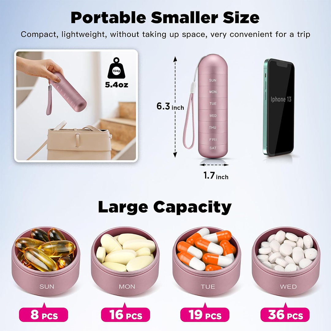 Zannaki Metal Weekly Pill Organizer Waterproof, Stackable, 7-Day
