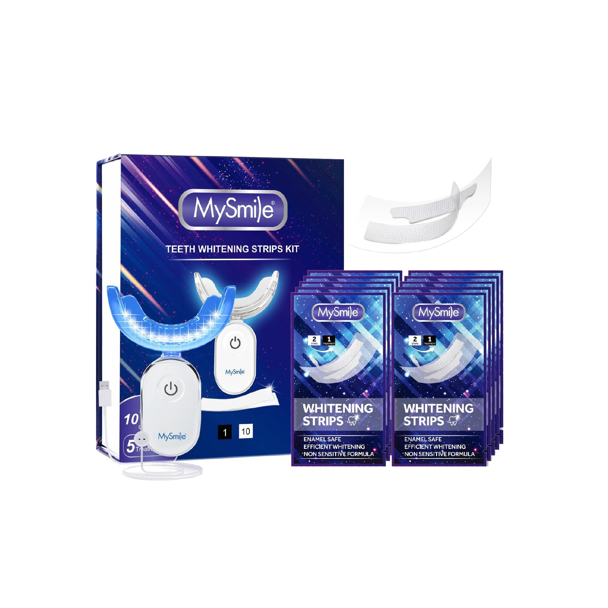 MySmile Non-Sensitive Teeth Whitening Strips Kit with LED LED Light Tray – 10 Treatment Fast Whitening for Coffee, Wine & Tobacco Stains