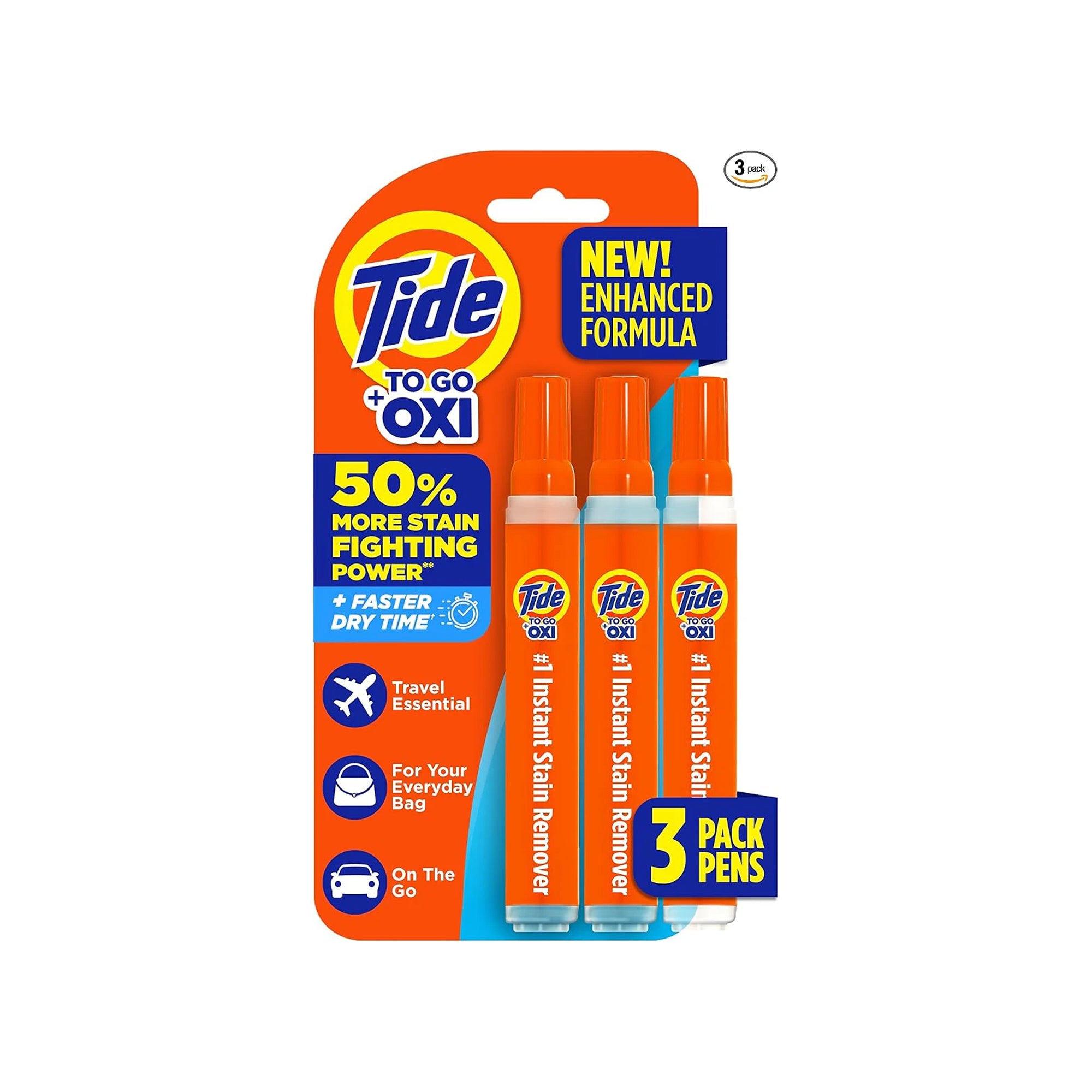 Tide To Go Instant Stain Remover Pen for Clothes - Portable Spot Cleaner, Travel-Friendly, Works on Food & Drink Stains, Fits in Purses & Bags - 3 Count (Pack of 1)