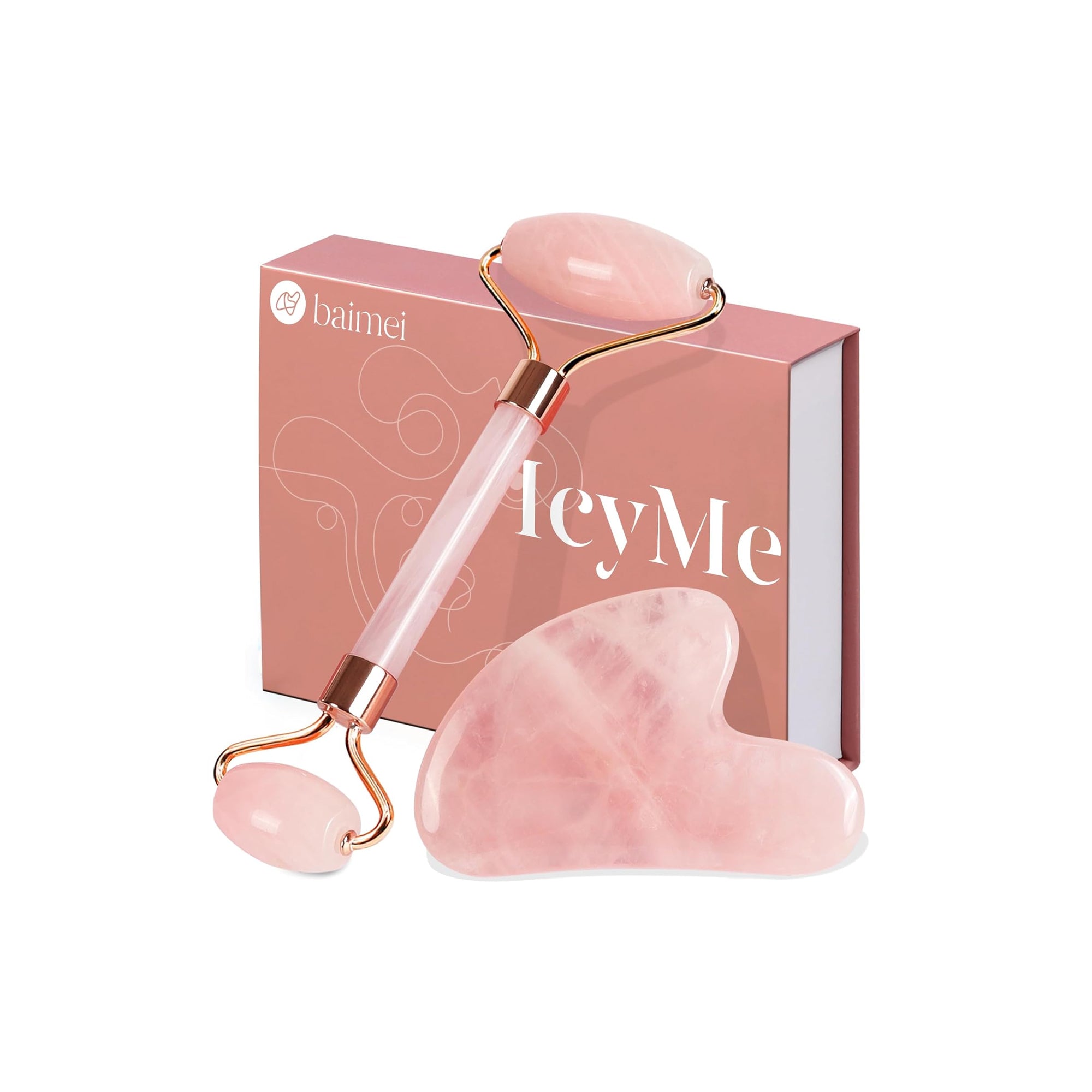 BAIMEI IcyMe Jade Roller & Gua Sha – Rose Quartz Facial Massage & Anti-Redness Tool