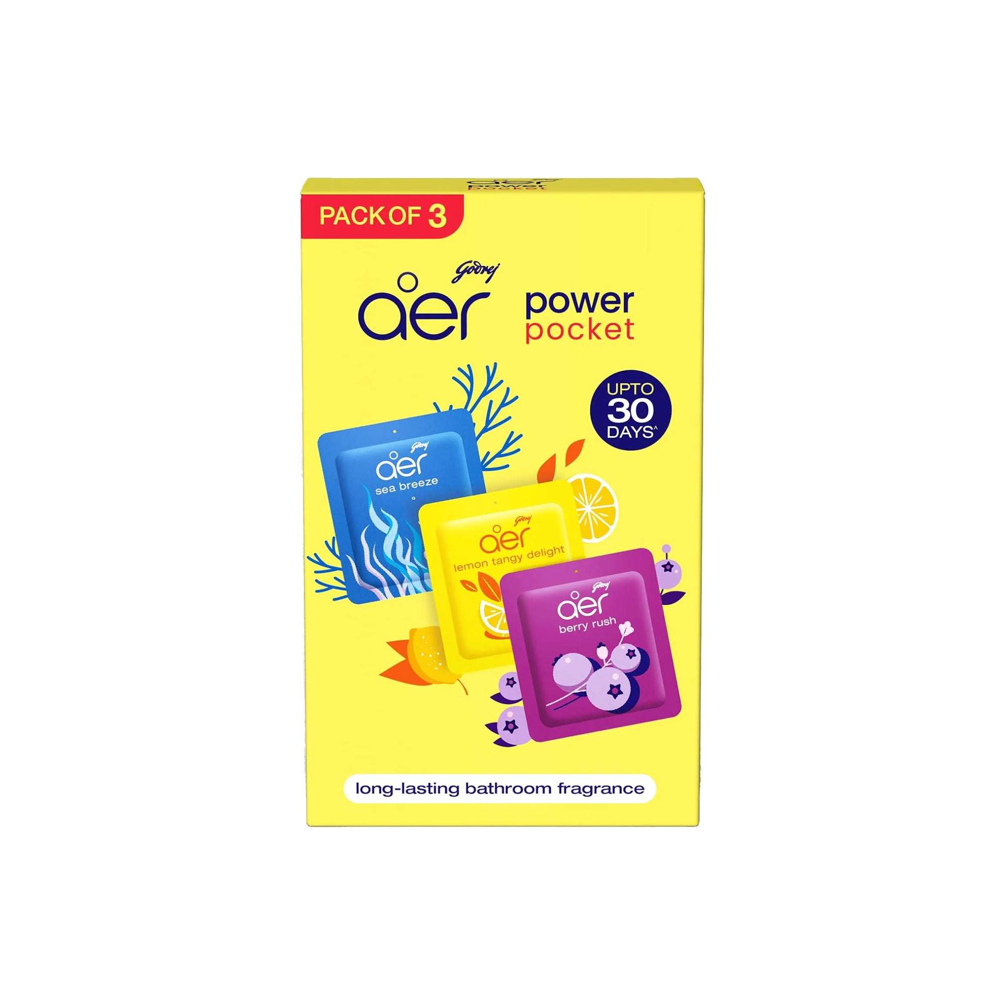 Godrej Aer Power Pocket | Air Freshener- Bathroom And Toilet | Lasts Up To 30 Days | Assorted Pack Of 3 (30G)