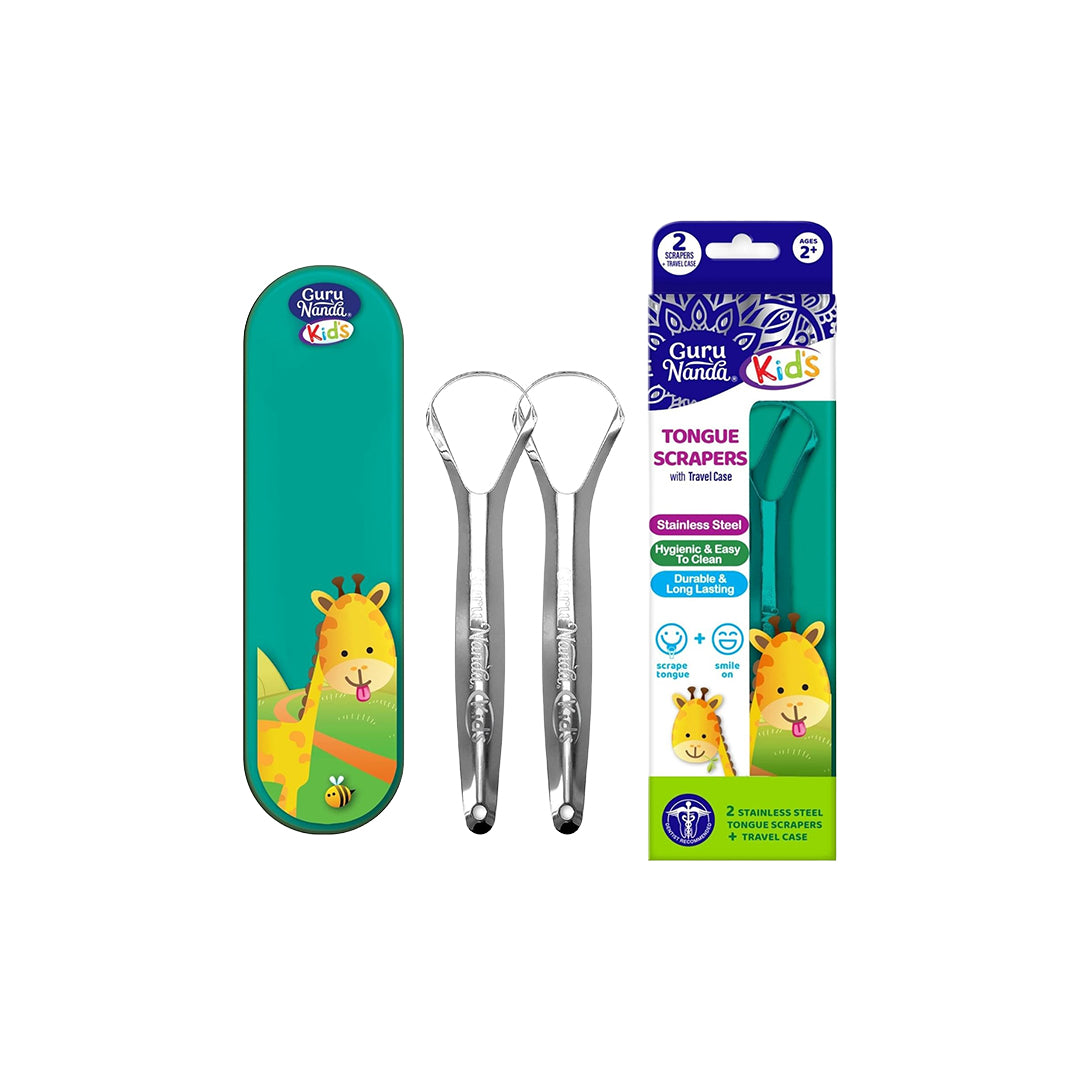 Guru Nanda Kids Tongue Scrapers – Stainless Steel (2 Scrapers + Travel Case)
