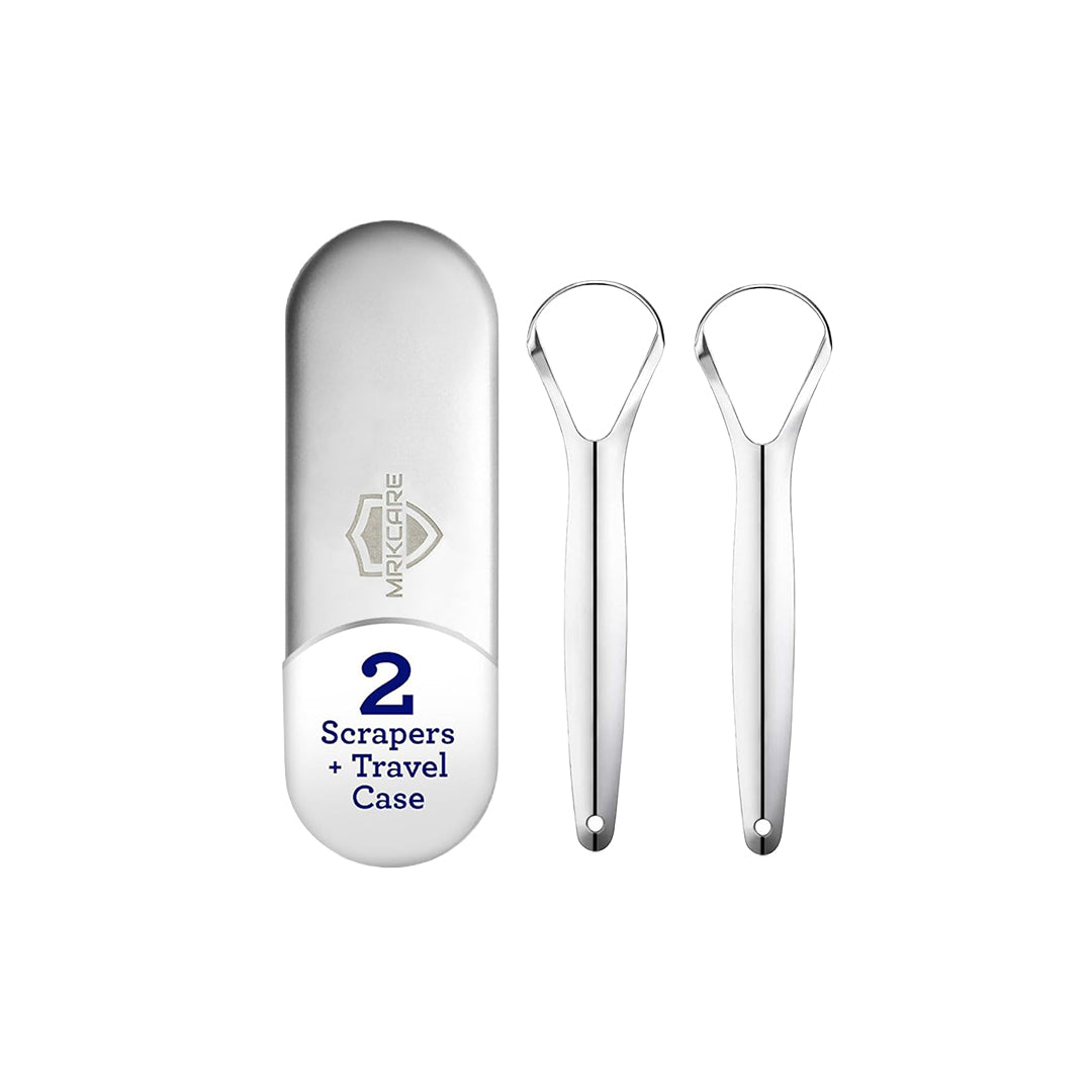 MRKCARE Double Layer Tongue Scraper – Medical-Grade Stainless Steel (2 Pieces + Metal Case)