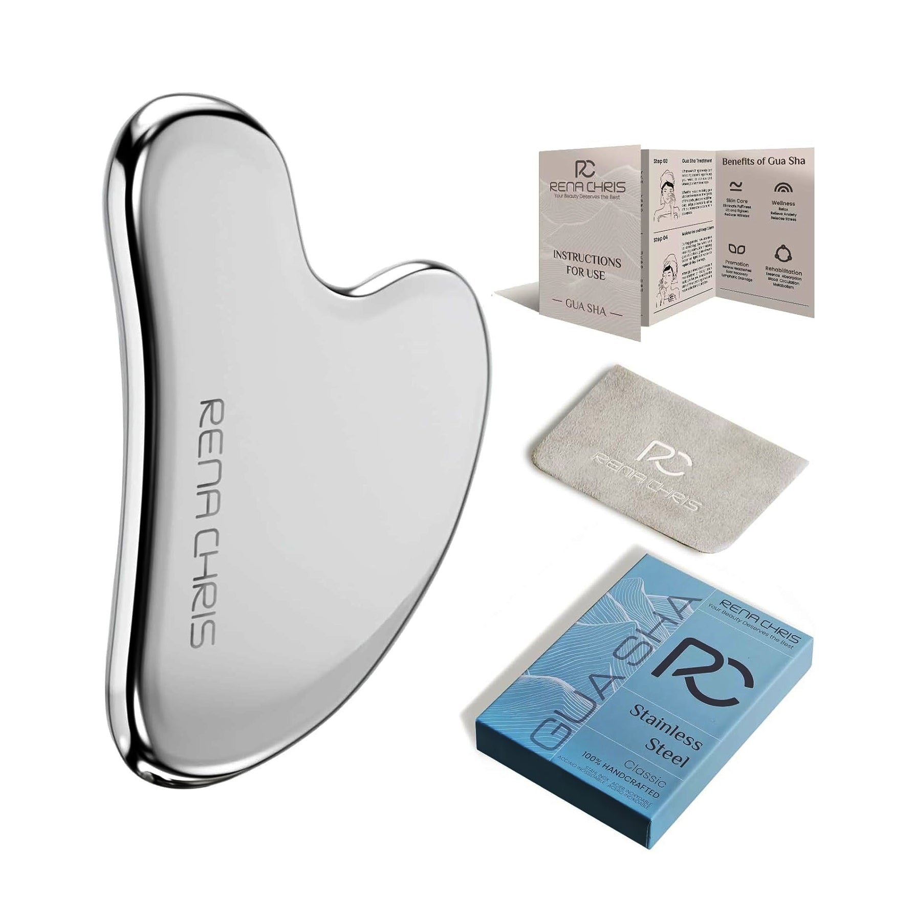 Rena Chris Stainless Steel Gua Sha Facial Tool – Manual Massage & Sculpting Tool (Silver)
