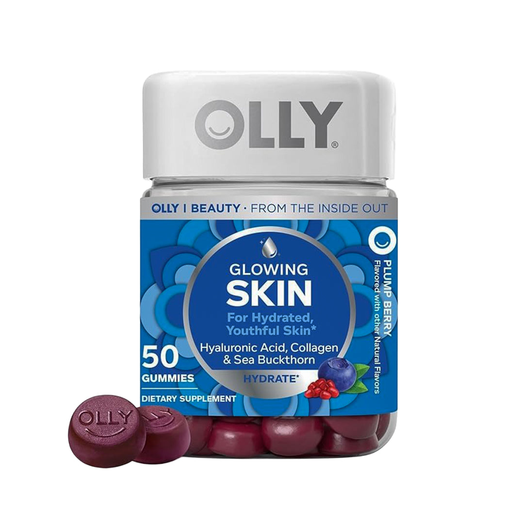 OLLY Glowing Skin Gummy, 25 Day Supply (50 Count), Plump Berry, Hyaluronic Acid, Collagen, Sea Buckthorn, Chewable Supplement (Packaging May Vary)
