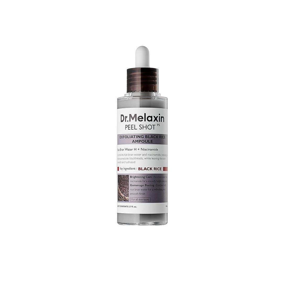 Dr.Melaxin Peel Shot Glow Black Rice Peeling Ampoule، أمبولة تقشير الأرز الأسود، مقشر لطيف للوجه والجسم لإزالة خلايا الجلد الميتة والرؤوس السوداء لجميع أنواع البشرة، 80 مل