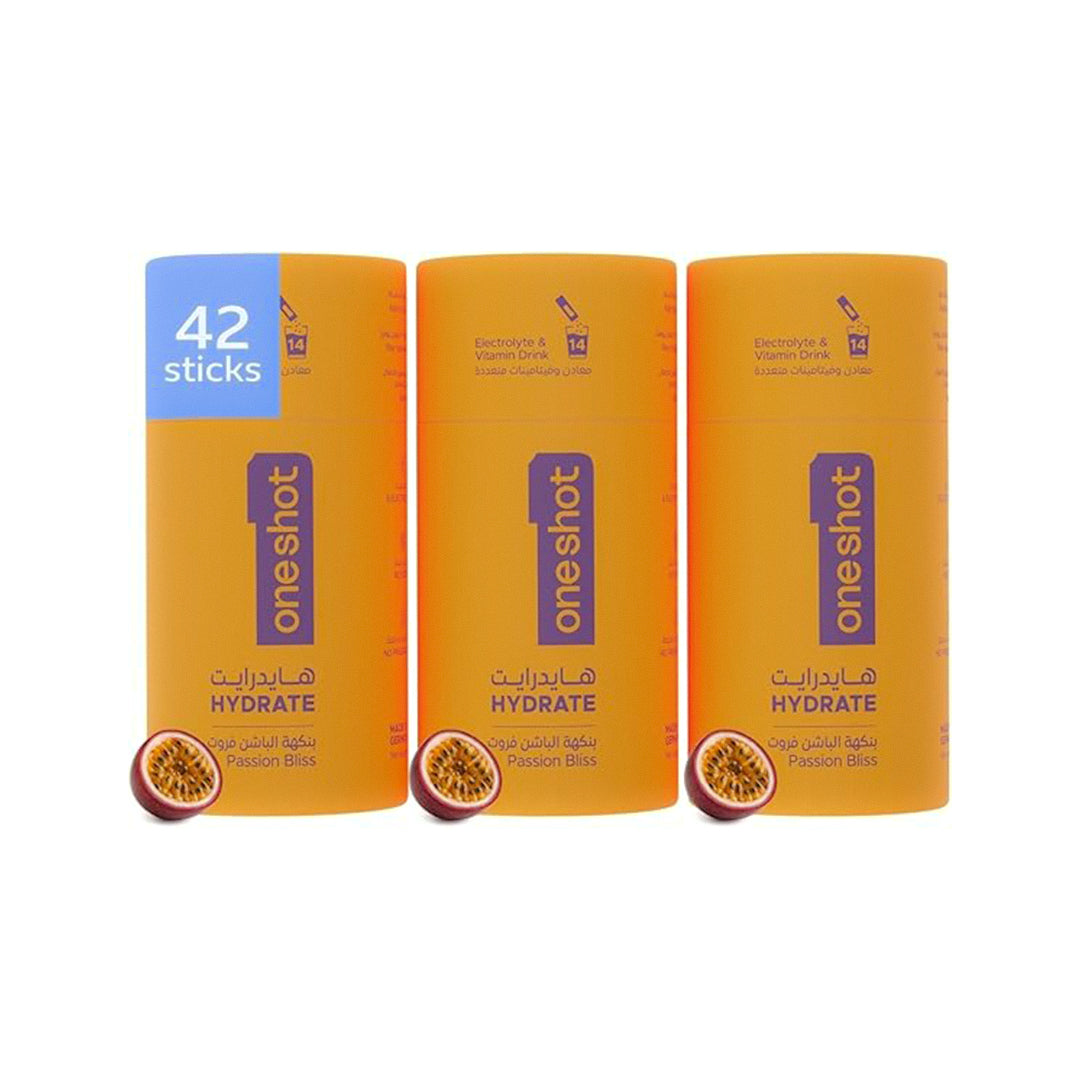 oneshot Hydrate - Electrolyte Hydration | No Sugar, Junk, or Aftertaste | 6 Electrolytes + 4 Vitamins + Zinc | Bundle of 42 Hydration Sticks (Bundle of 3 Passion Fruit)
