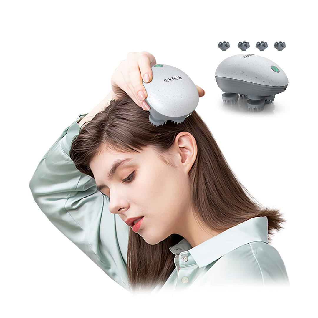 Electric Scalp Massager, RENPHO Waterproof Portable Head Massager with 4 Replacement Massage Heads, Handheld Head Scratcher for Hair Growth,