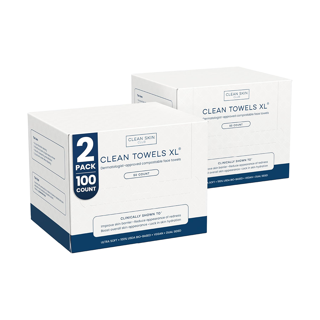 Clean Skin Club Clean Towels XL® – مناشف وجه حيوية قابلة للتصرف (50 منشفة في العلبة، علبتان / 100 منشفة إجمالاً)