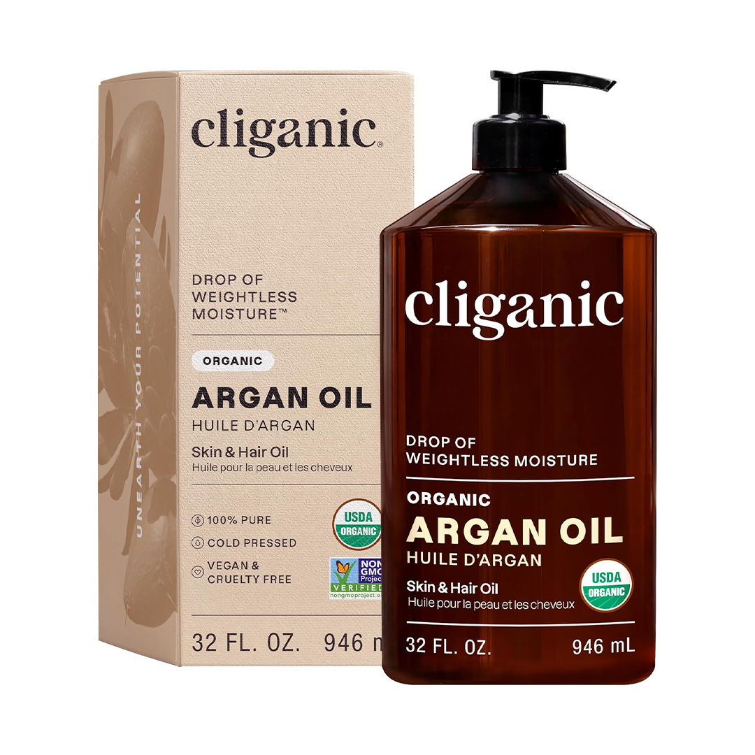 زيت الأرجان العضوي من Cliganic - نقي 100%، معصور على البارد للشعر والوجه والبشرة، عبوة كبيرة 32 أونصة مع مضخة