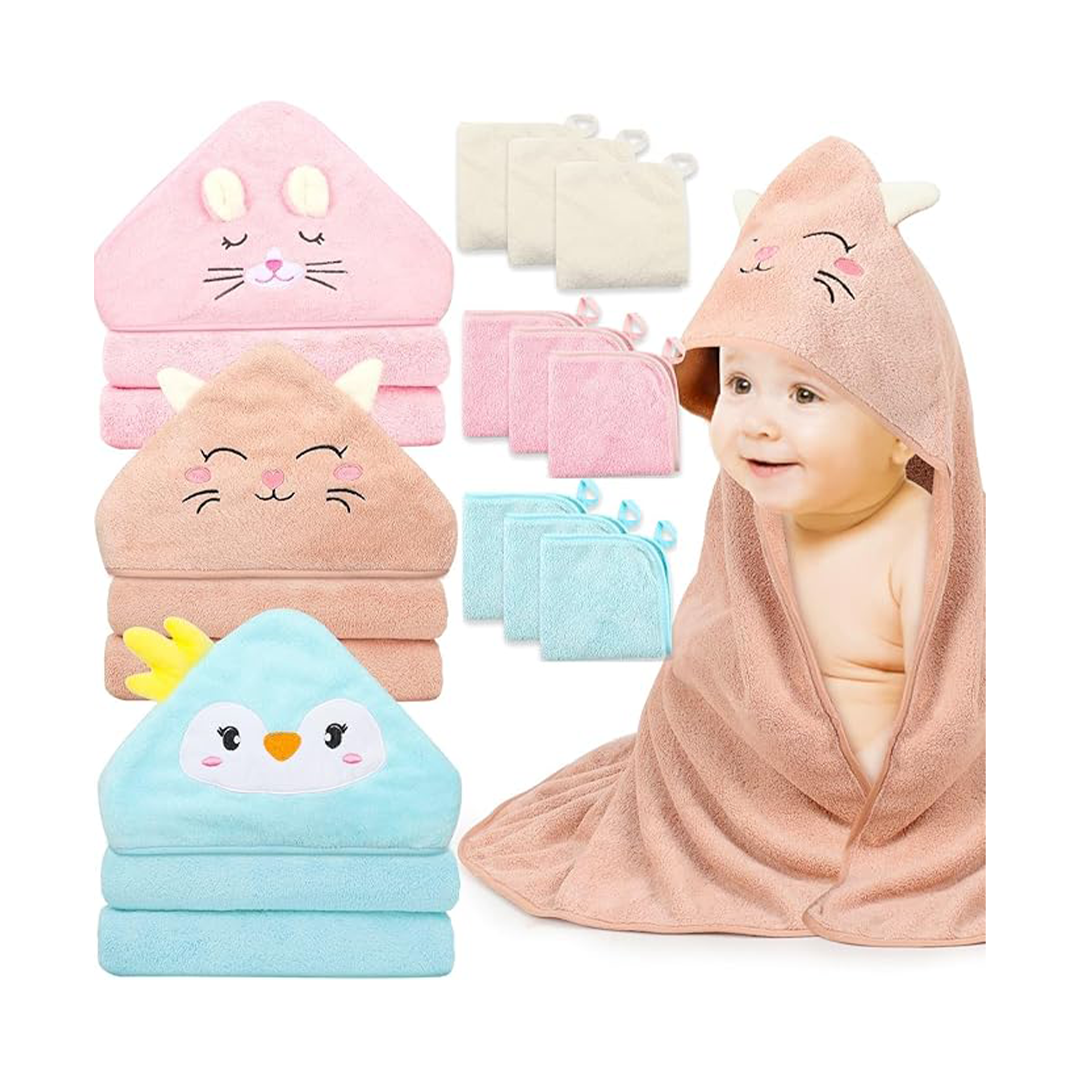 12 PCS Hooded Baby Towels, Soft Towels, Absorbent Bath Towel, 3 PCS Baby Washcloths, and 9 PCS Towels for Newborns, 32x32 Inch