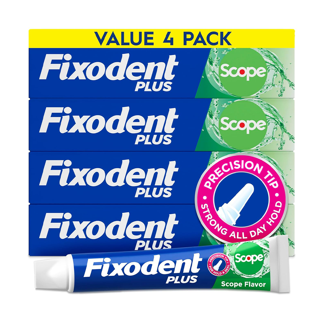 Fixodent Plus Scope Secure Denture Adhesive 2.0 oz (Pack of 4) Strong All-Day Hold Denture Cream with Fresh Breath Formula