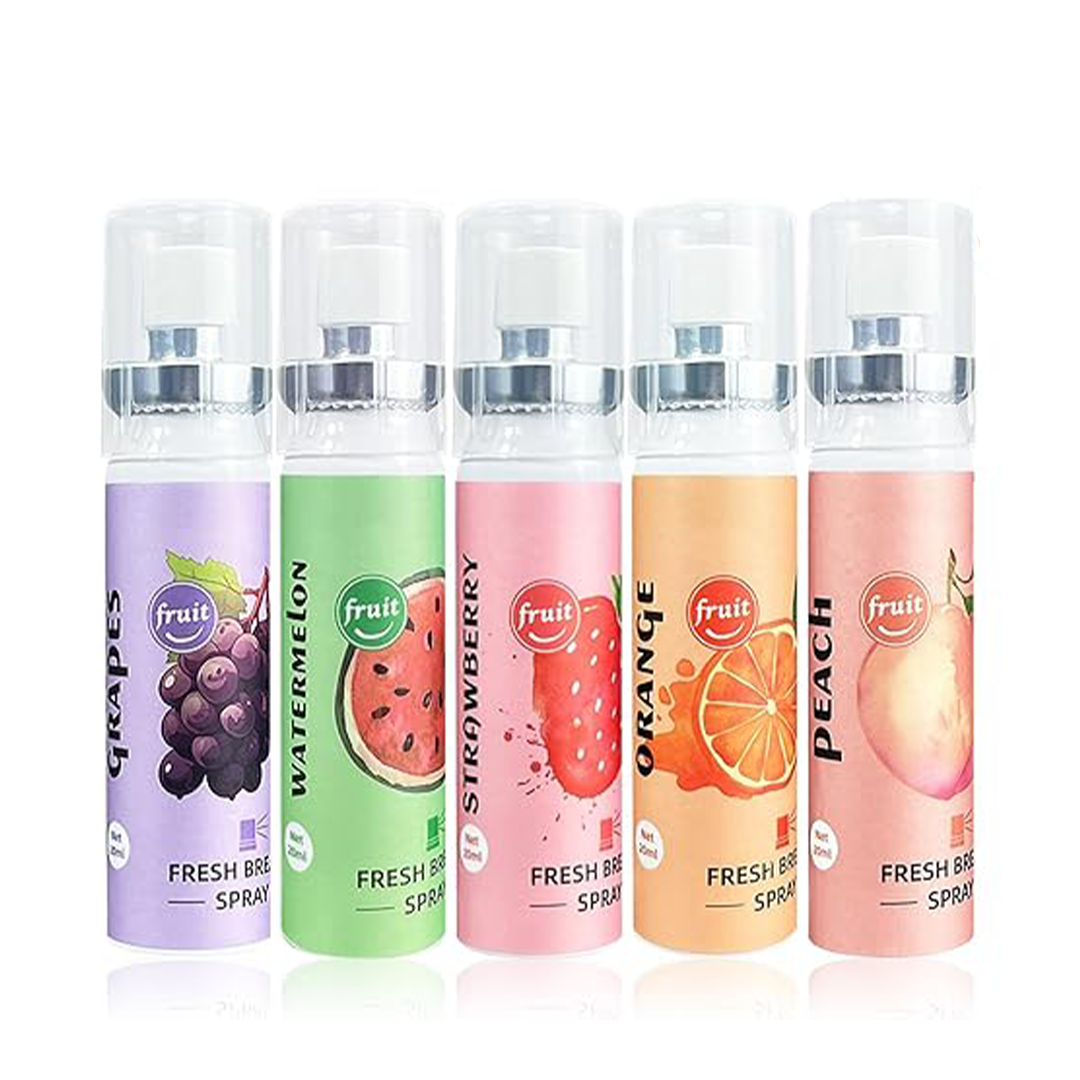 مجموعة بخاخ منعش للفم بخمس نكهات فواكه – معطر فم محمول (خالٍ من الكحول)