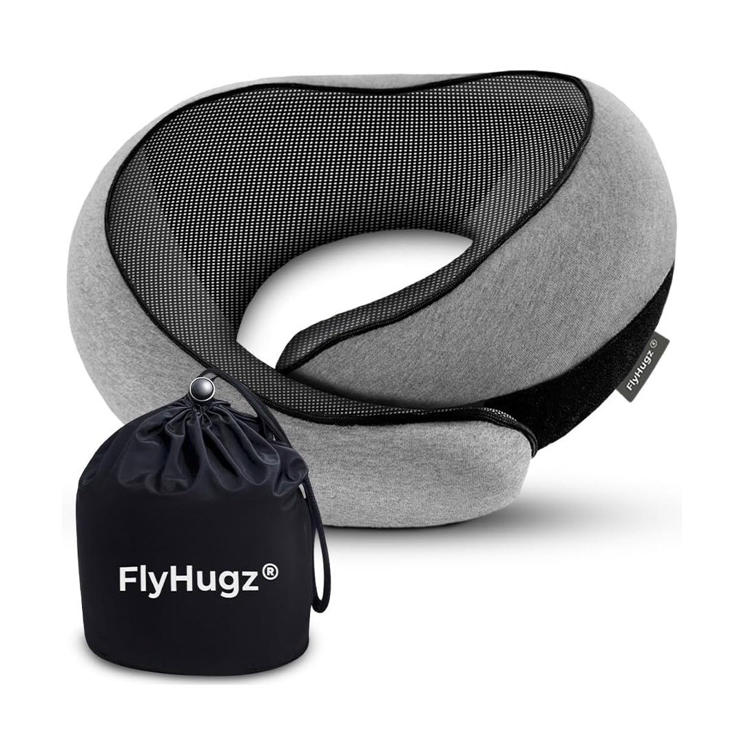 FlyHugz€º Neck Travel Pillow | Memory Foam Neck Pillow for Comfort on Airplane | Compact and Ergonomic Design for Travel, Car Rides, and Home Use | Ideal for Adults and Kids (Gray