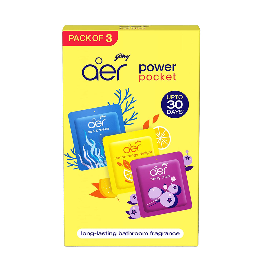 Godrej Aer Power Pocket | Air Freshener- Bathroom And Toilet | Lasts Up To 30 Days | Assorted Pack Of 3 (30G)